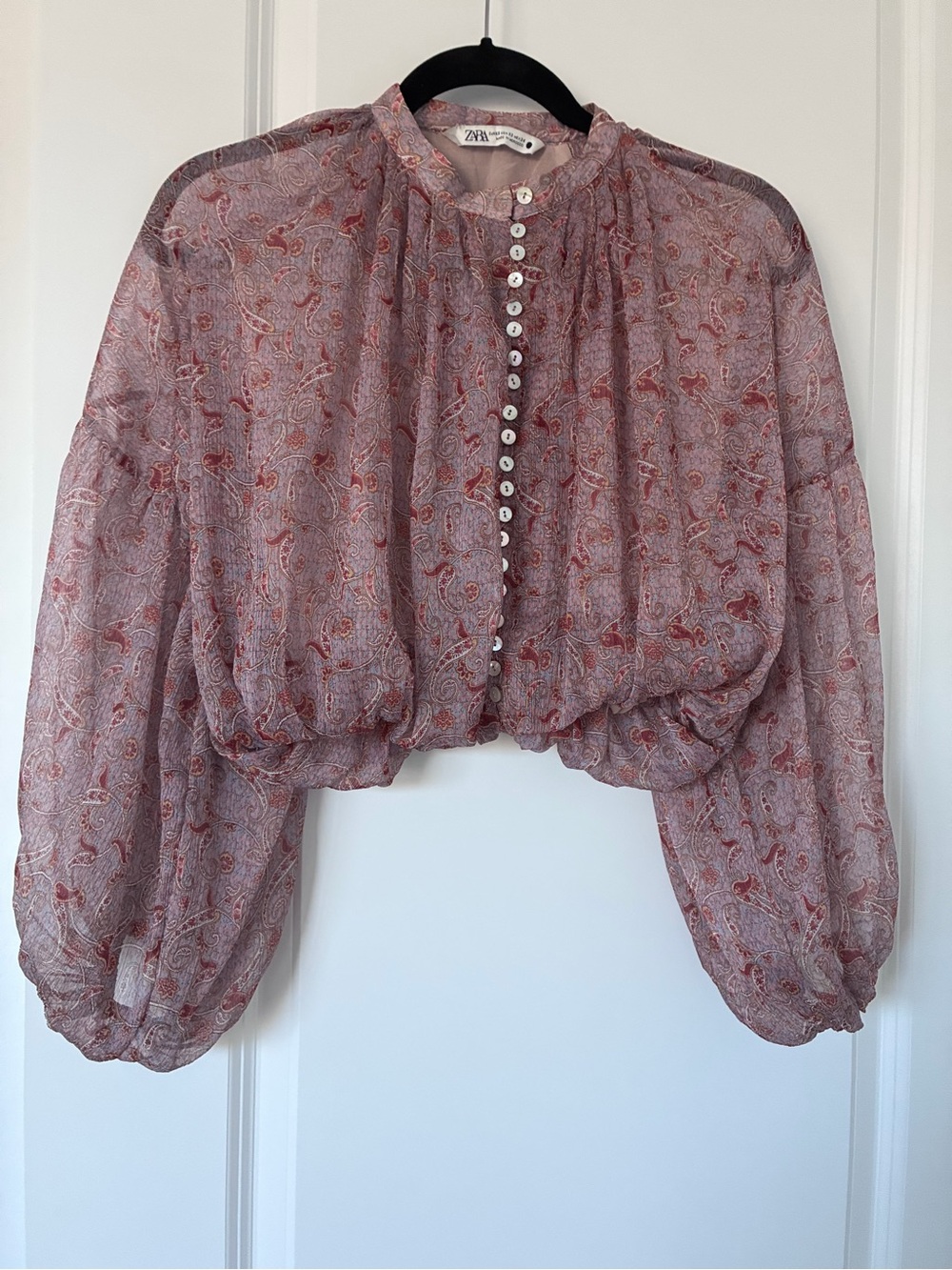 ZARA Boho Paisley Cropped Blouse Bubble Hem Balloon Sleeve Top XS Fall 2020